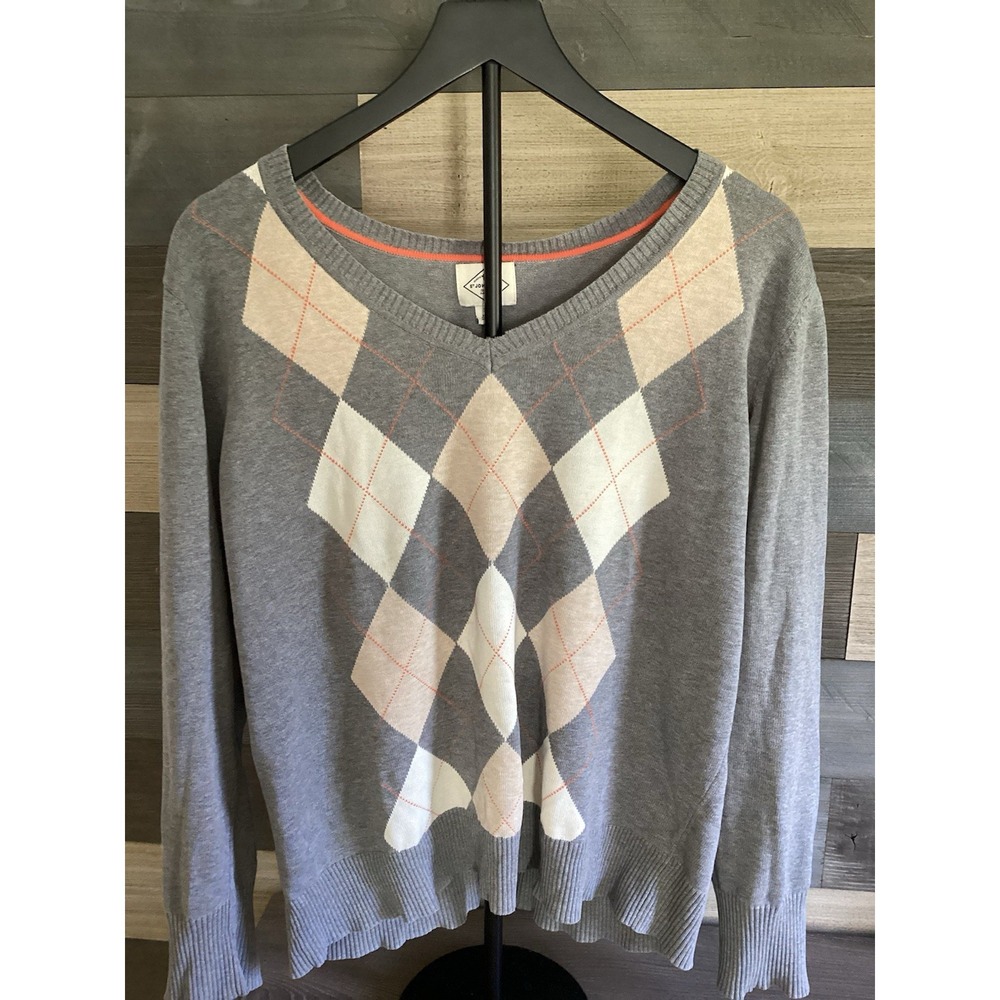 St. John's Bay Gray and Pink Argyle V-Neck Sweater Size XL